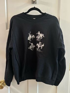 Embroidered Black Crewneck Sweatshirt with White Rodeo Rider Graphic western